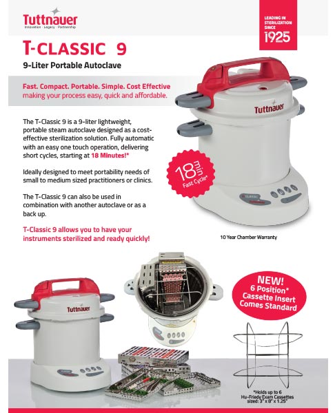 Product information for a Tuttnauer T-Classic 9 portable autoclave. 